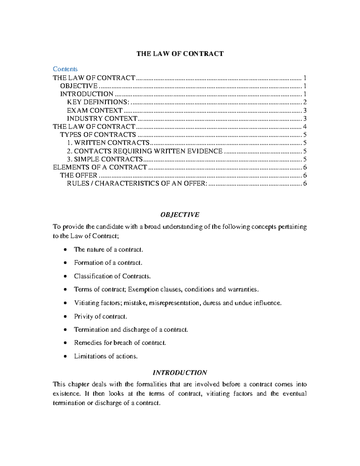 Short Notes Contract - THE LAW OF CONTRACT Contents THE LAW OF CONTRACT ...