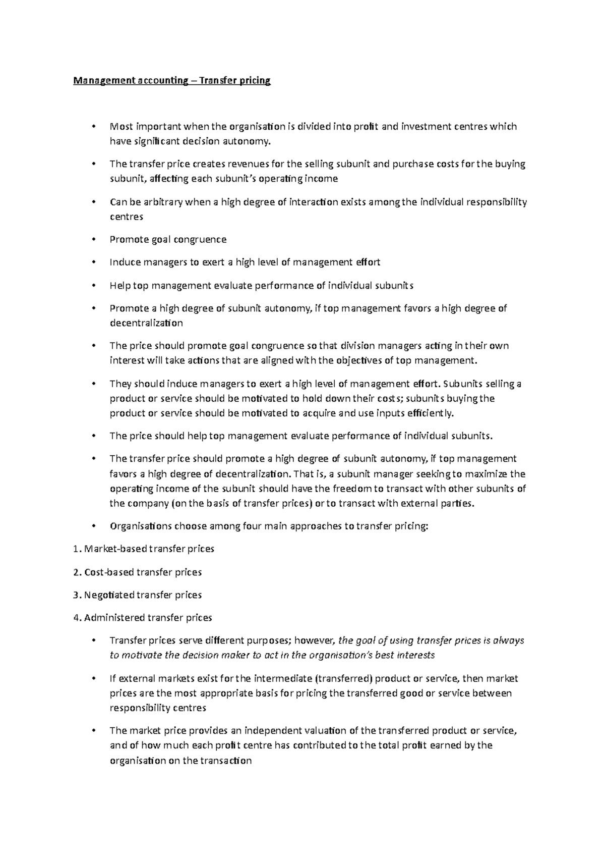 Management accounting - Transfer pricing - The transfer price creates ...