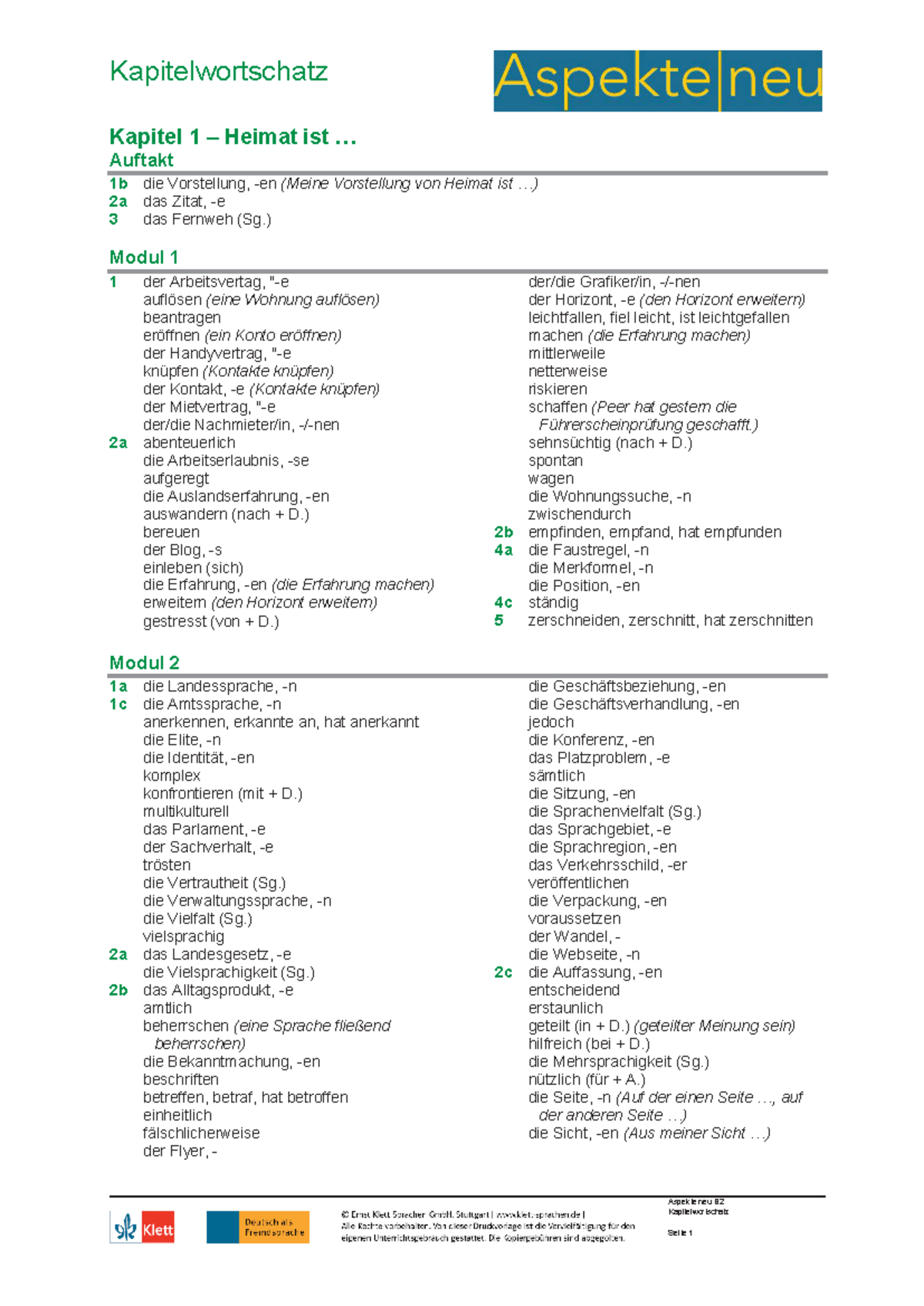 Wortschatz Aspekte Neu 2 - Aspekte Neu B Kapitelwortschatz Kapitel 1 ...