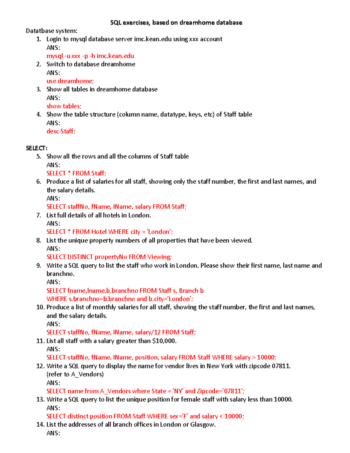 Deamhome SQL exercises answers 2 - SQL exercises, based on dreamhome ...