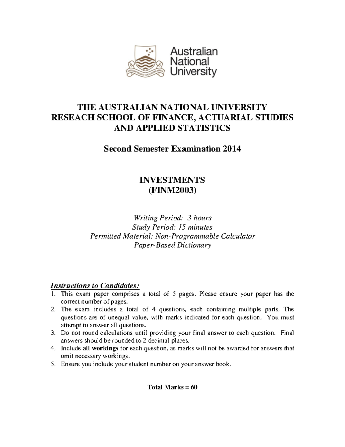 Exam 2014, Questions And Answers - THE AUSTRALIAN NATIONAL UNIVERSITY ...