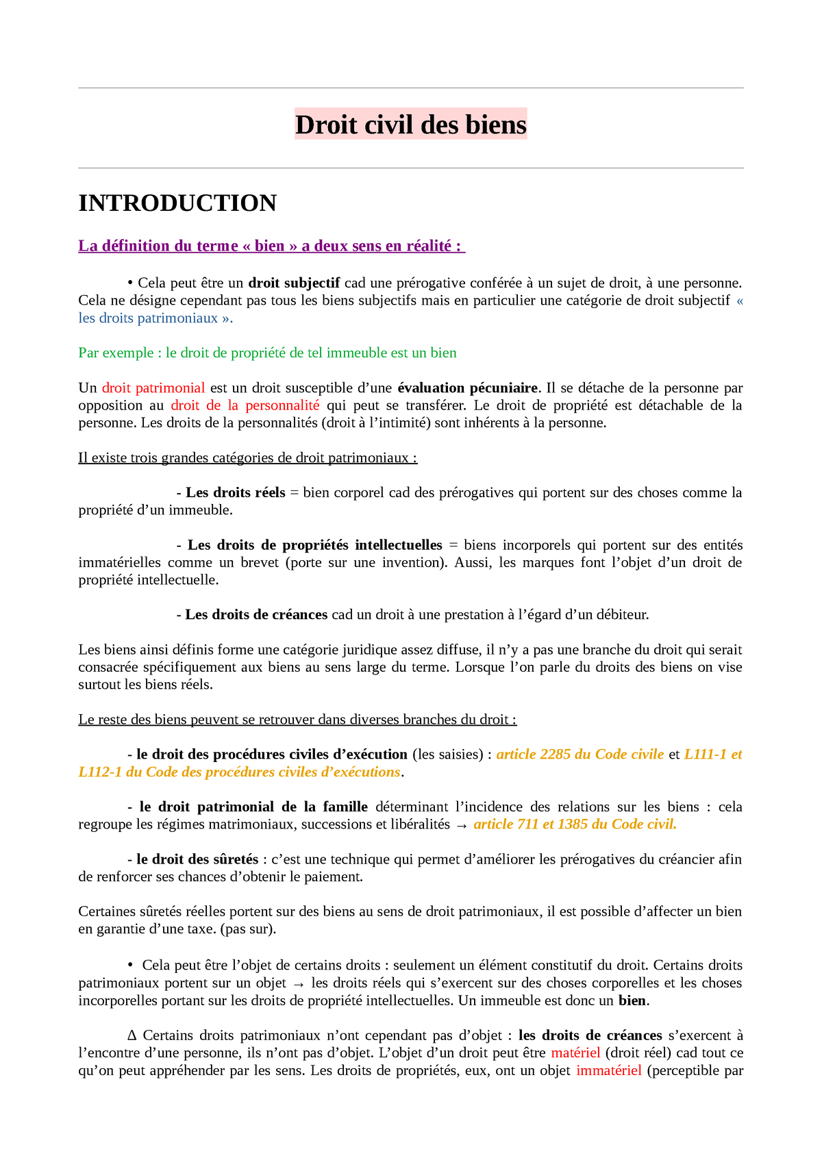 Droit Civil Des Biens.pdf B - Droit Civil Des Biens INTRODUCTION La ...