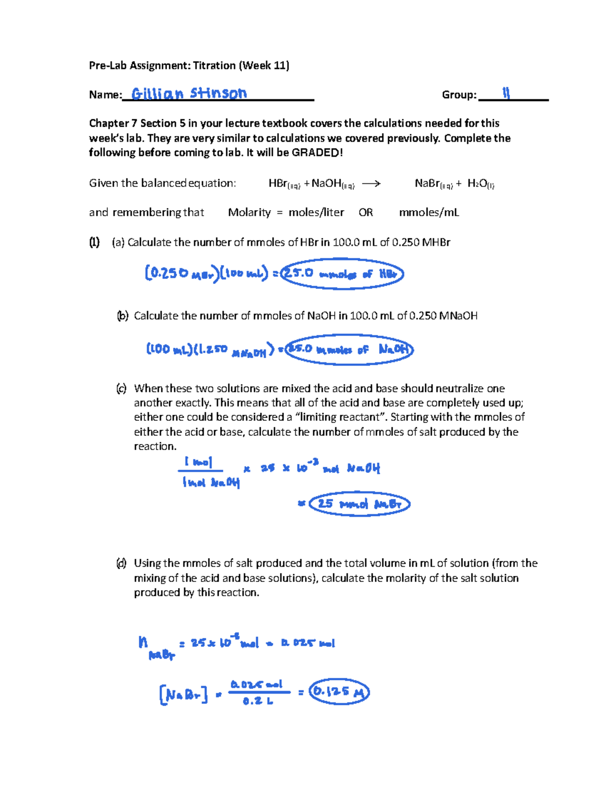 Week 11 Titration Prelab Summary PreLab Assignment Titration (Week