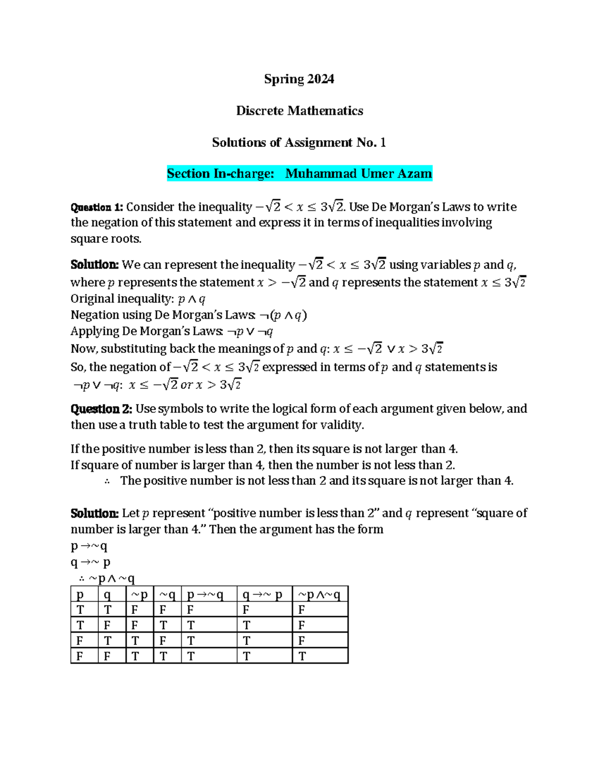 Solution Assignmnet MTH202 - Spring 202 4 Discrete Mathematics ...