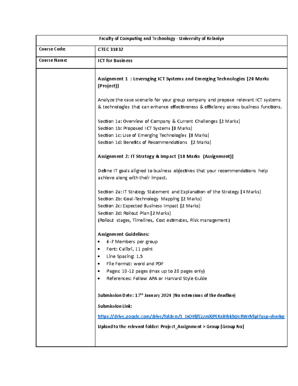 CTEC31032 ICT for Busineses Project Assignment - Faculty of Computing ...