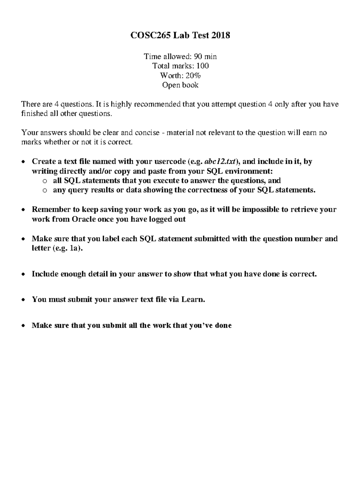 Labtest2018 practise lab test COSC265 Lab Test 2018 Time allowed