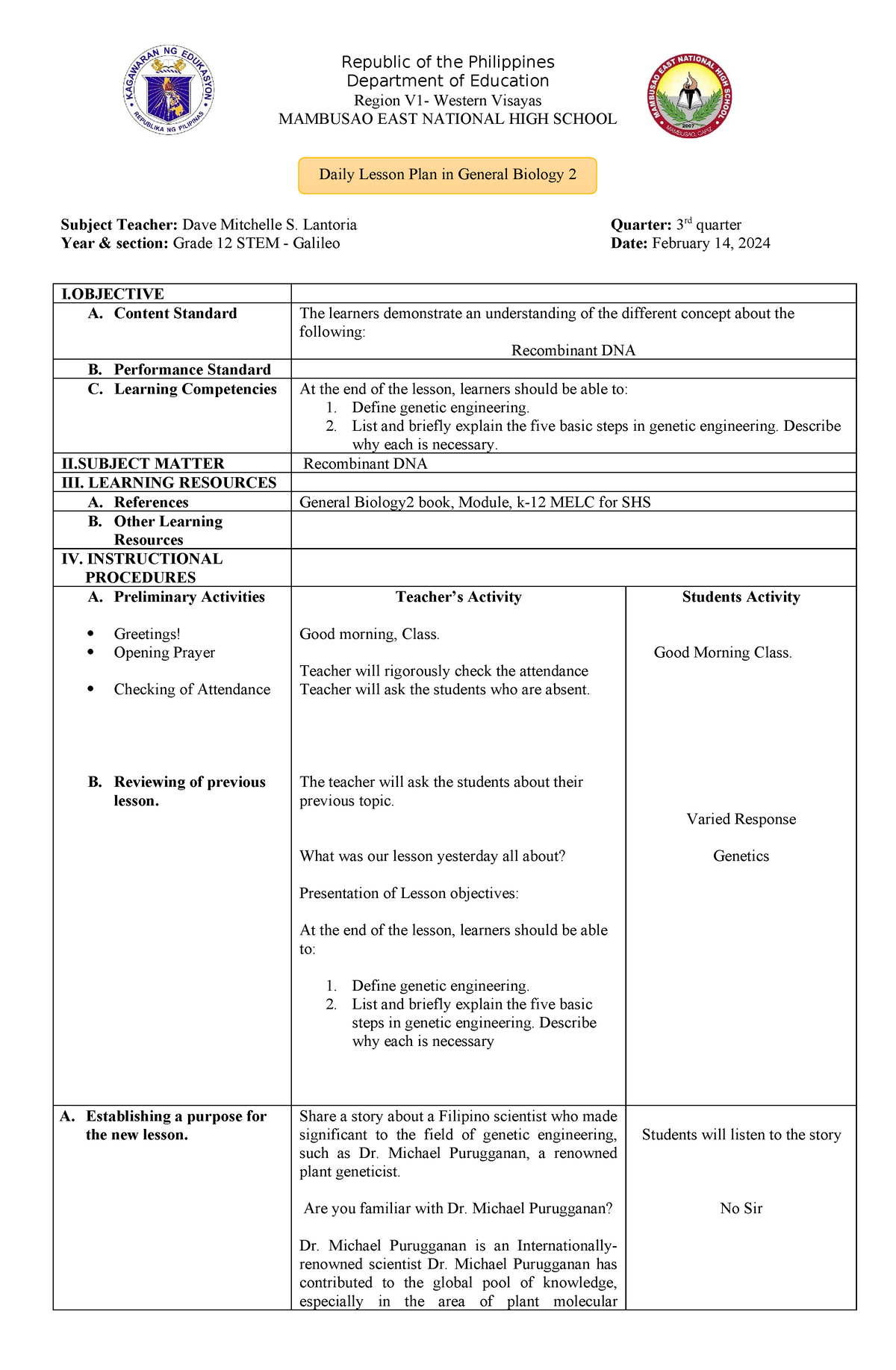 Genetic Engineering 1 - NONE - Republic of the Philippines Department ...