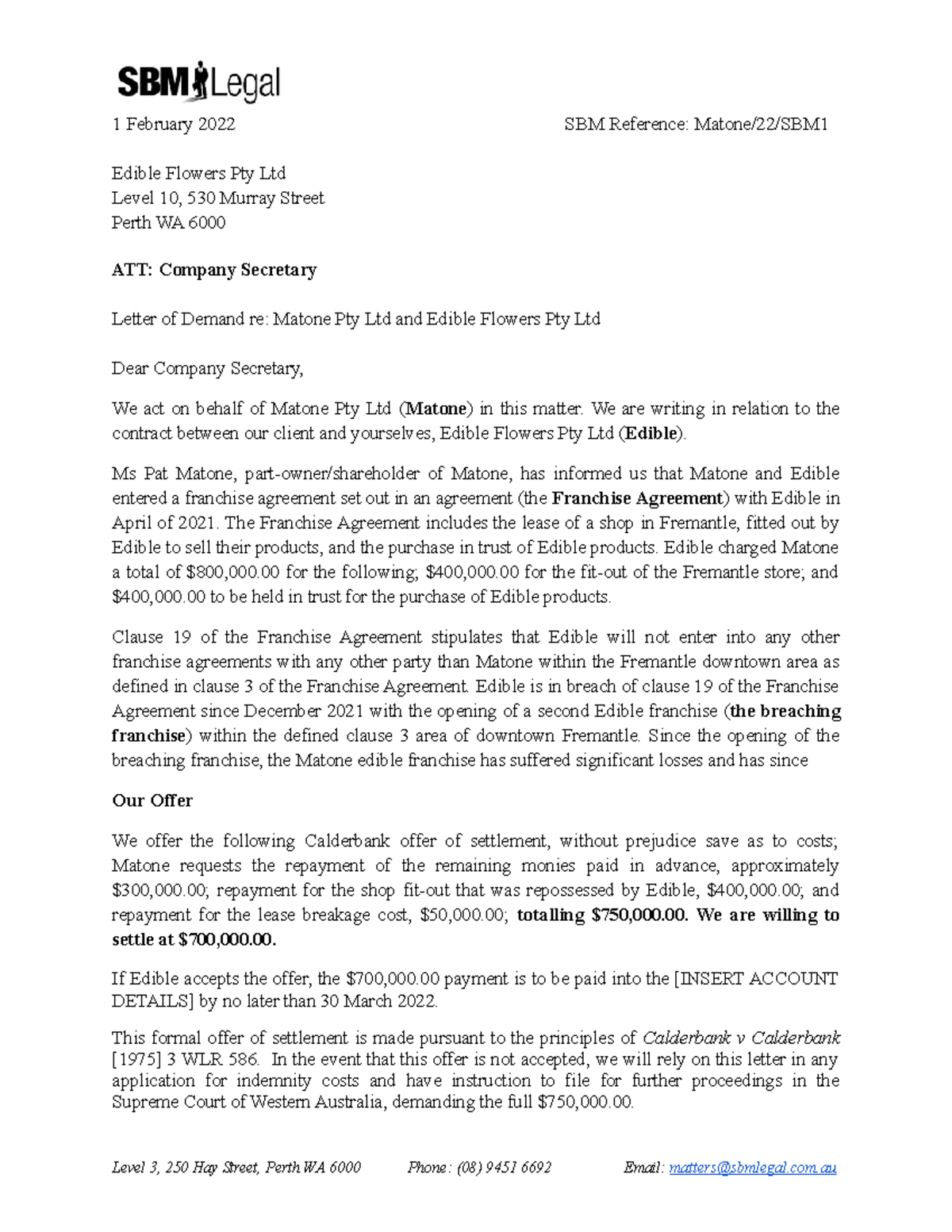 LLB450 Assignment 1 Calderbank offer and letter of demand and