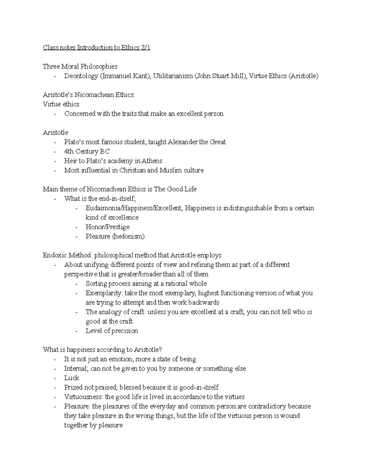 Class notes 2/1/21 - Class notes Introduction to Ethics 2/ Three Moral ...