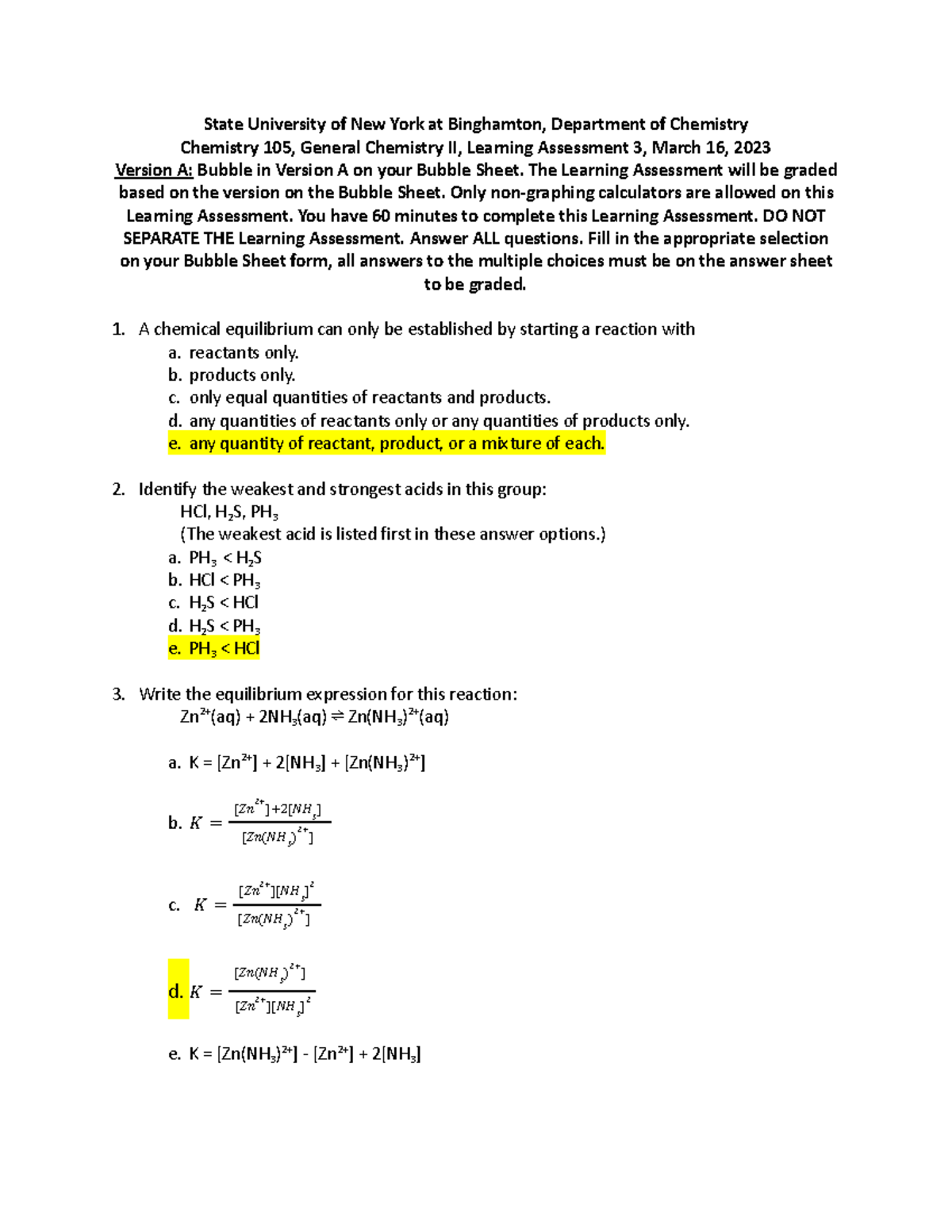 CHEM 105 - Spring 2023 - Learning Assessment 3 Version A Key - State ...