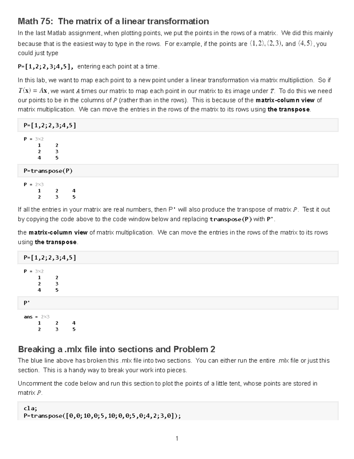 Transform lab redov 3-1 - Math 75: The matrix of a linear ...