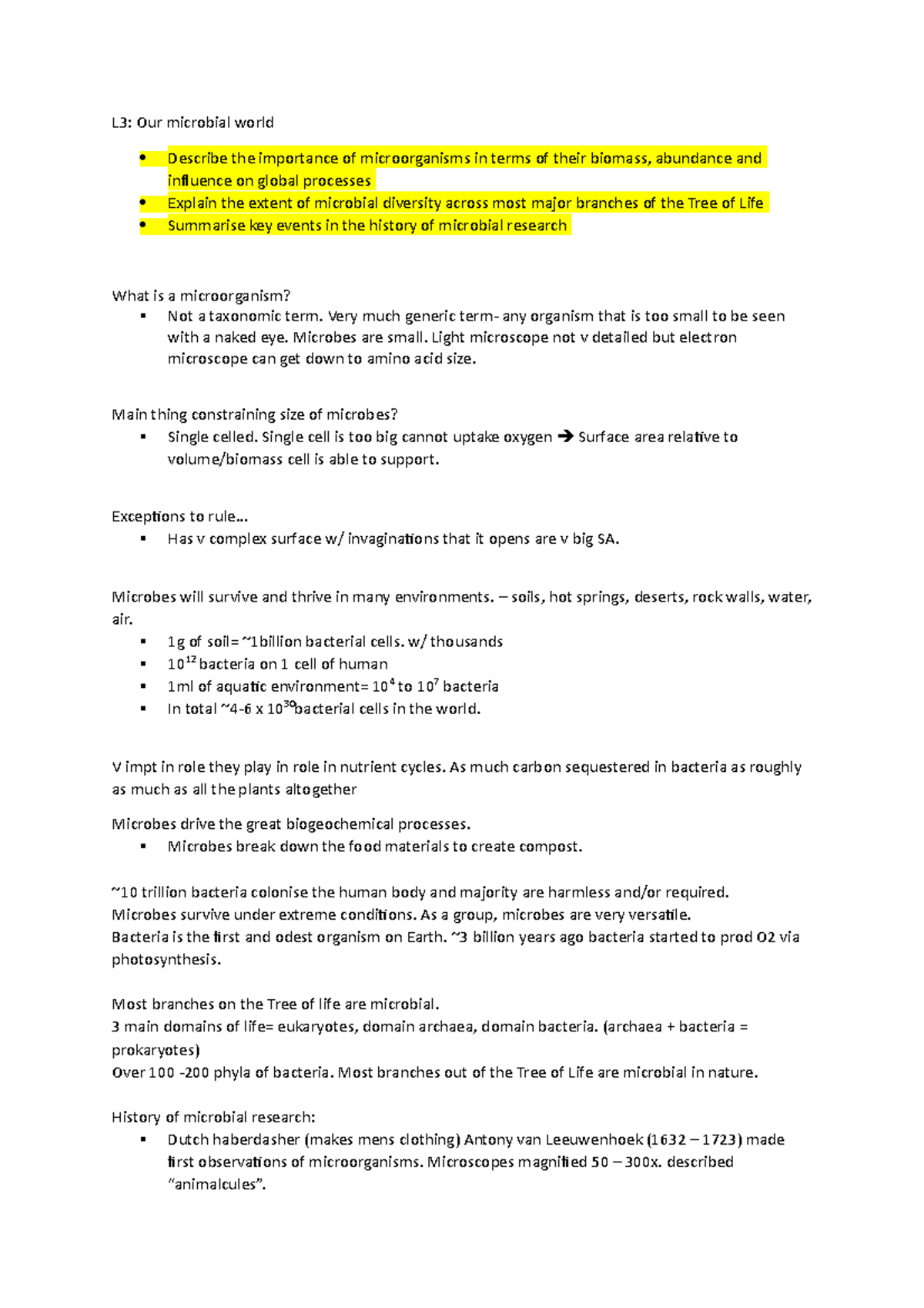 Topic test 1 notes - L3: Our microbial world Describe the importance of ...