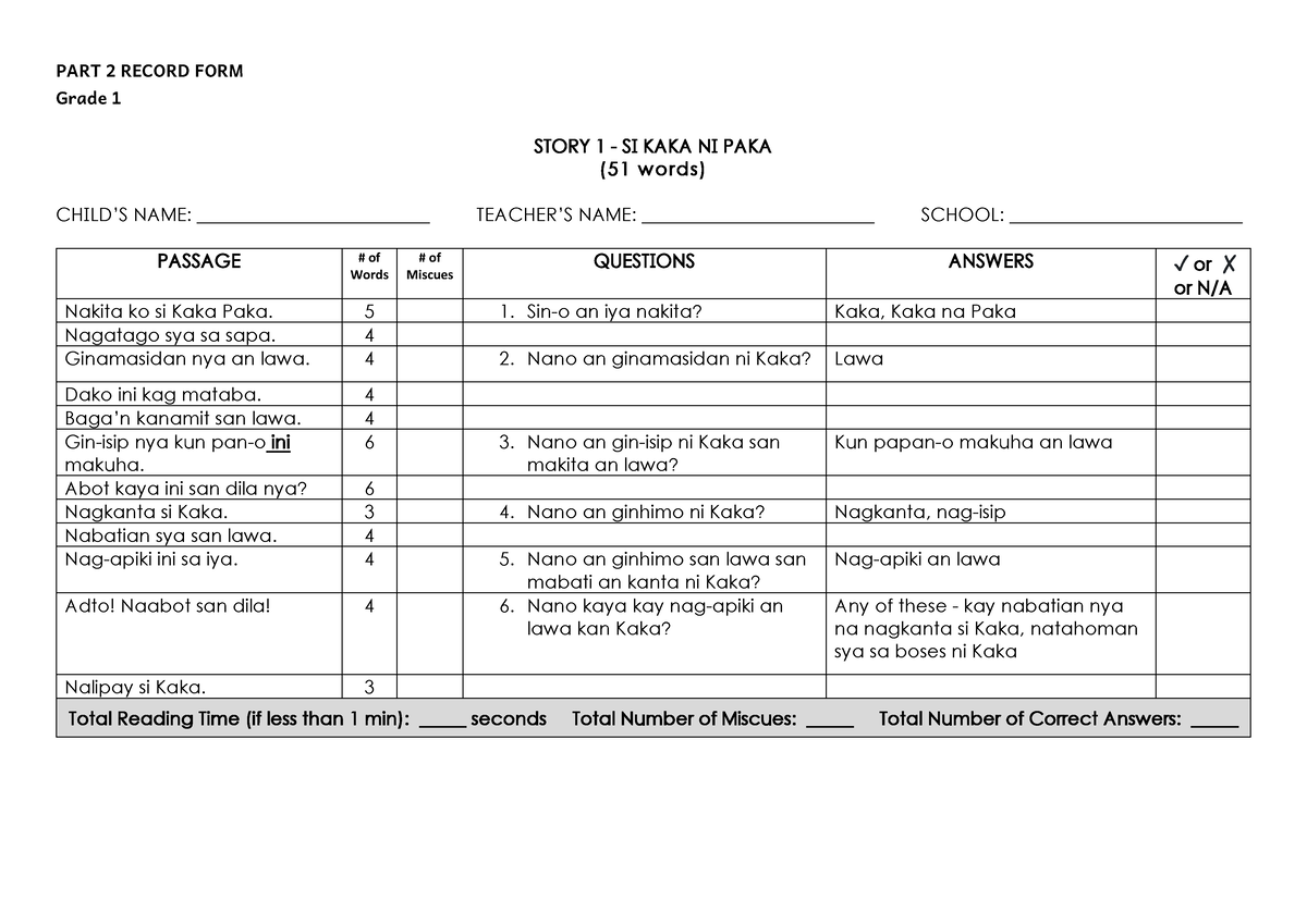 MIN.G1.Modified CRLA - It Ia For Learners - PART 2 RECORD FORM Grade 1 ...