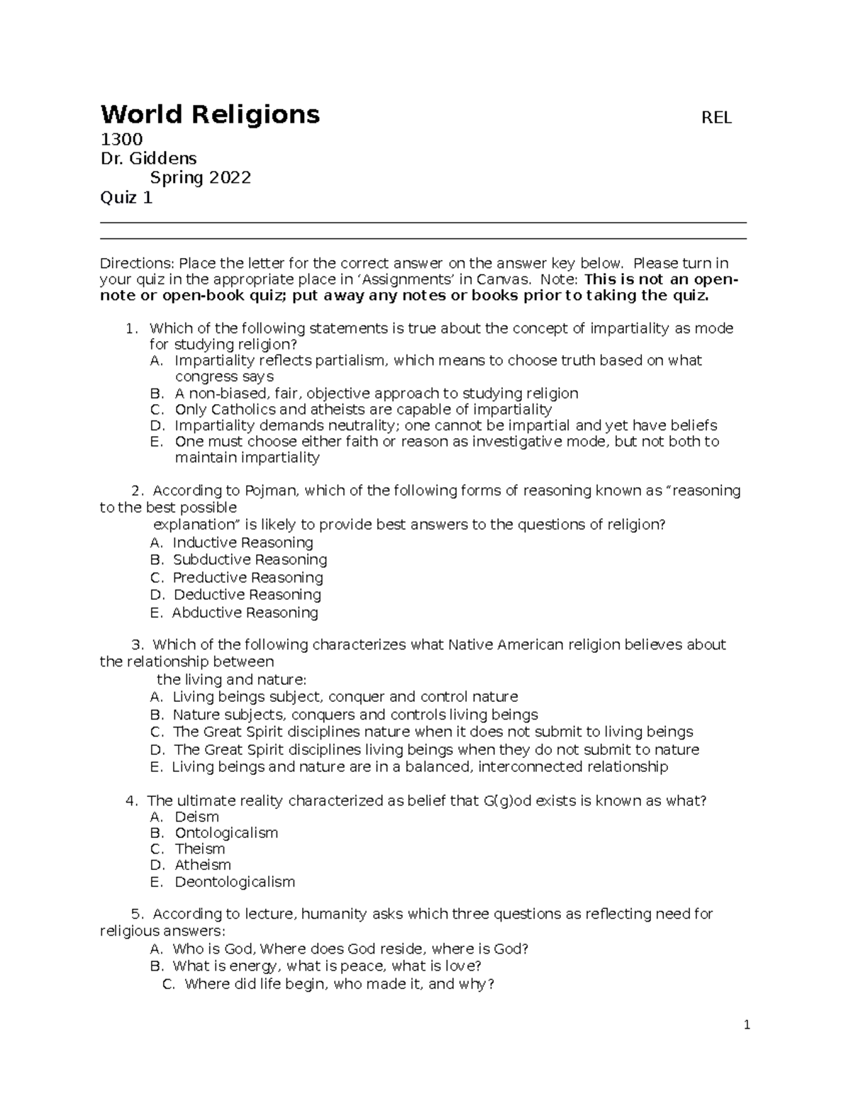 REL 1300 Quiz 1 Spring 2022 - World Religions REL 1300 Dr. Giddens ...