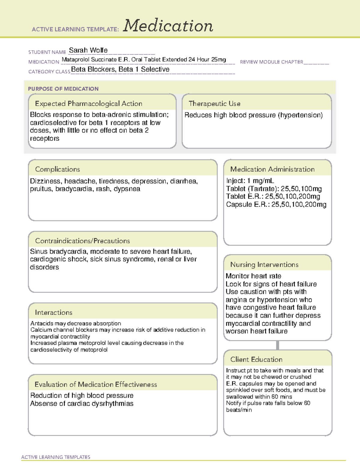 Medication Card Metoprolol R1 - ACTIVE LEARNING TEMPLATES Medication ...