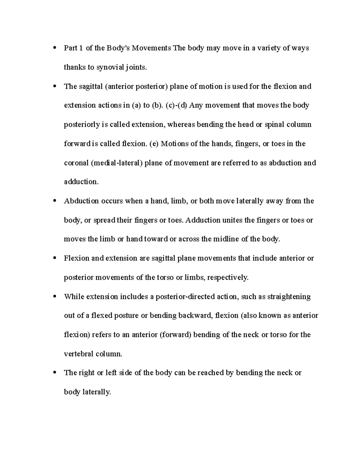 Part 1 of the Body - notes - Part 1 of the Body's Movements The body ...