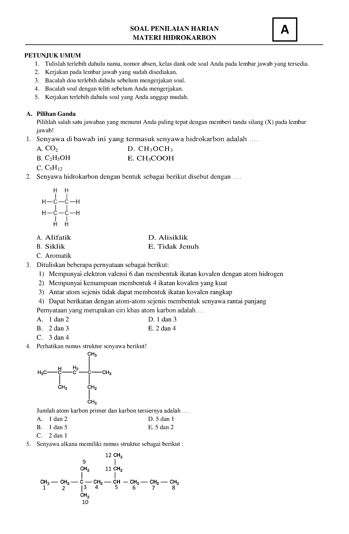 Penilaian UH Fix A B - SOAL - SOAL PENILAIAN HARIAN MATERI HIDROKARBON ...