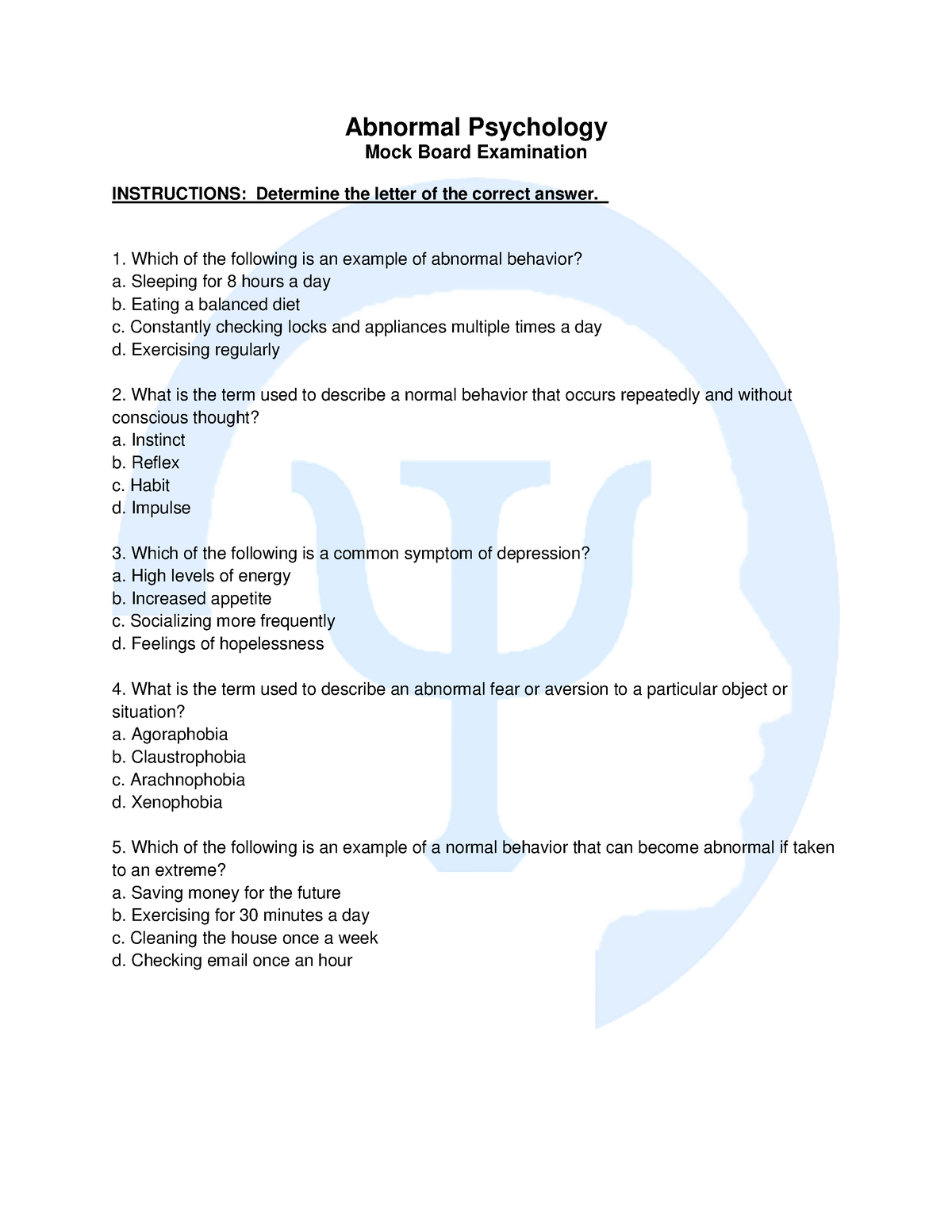 Questionnaire Abnormal-Psychology-Mock-Boards - Abnormal Psychology ...