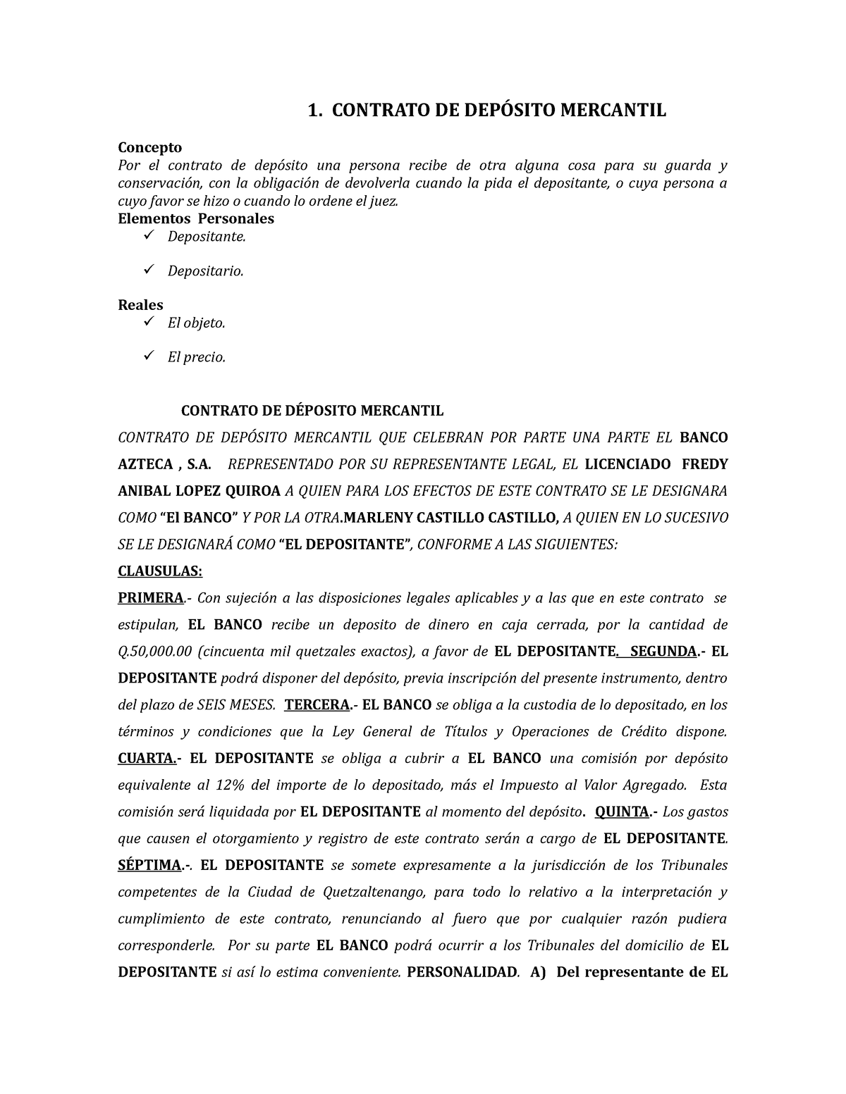 Contrato Deposito Mercantil 1 Contrato De DepÓsito Mercantil Concepto Por El Contrato De 5552