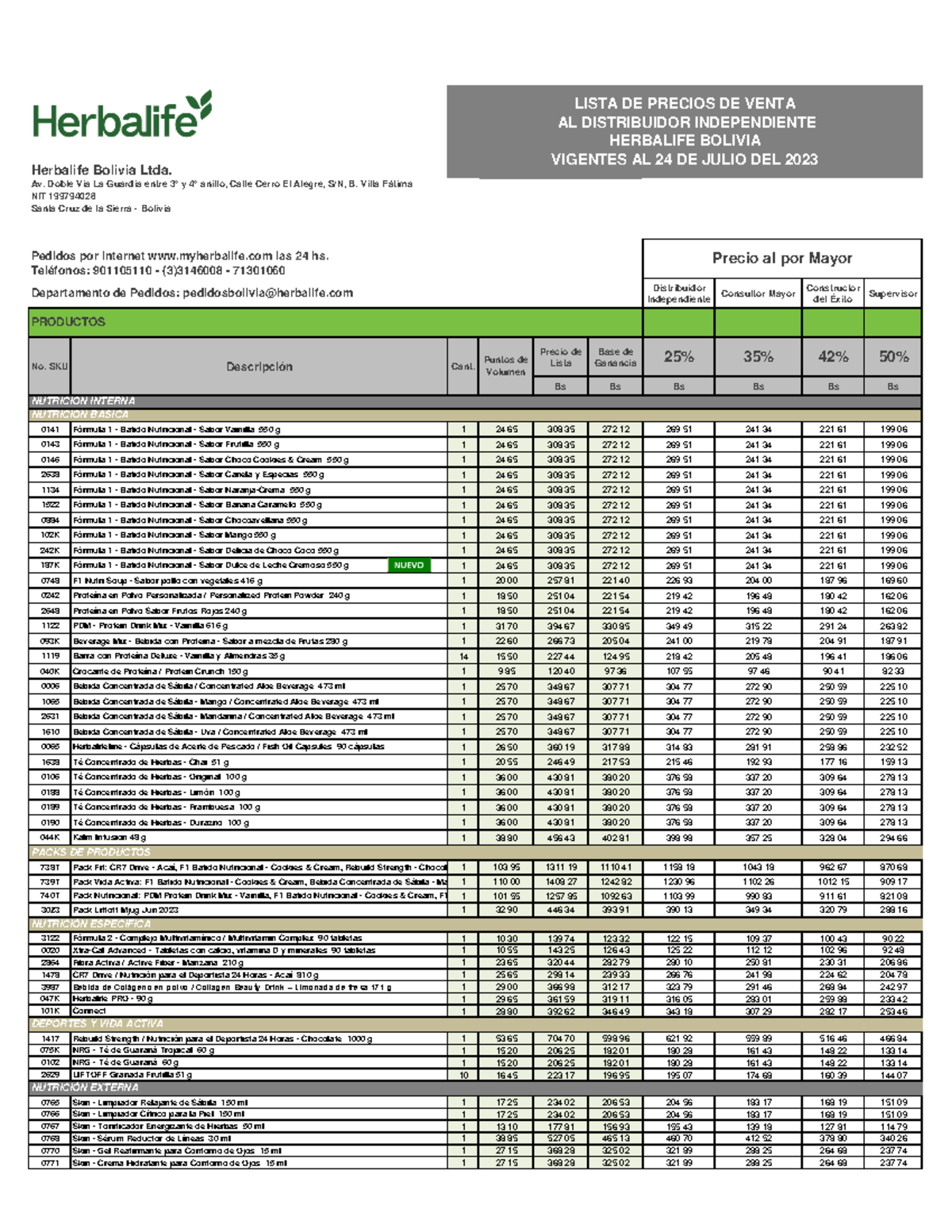 Lista de precio al 24 de julio mayorista Herbalife Bolivia Ltda