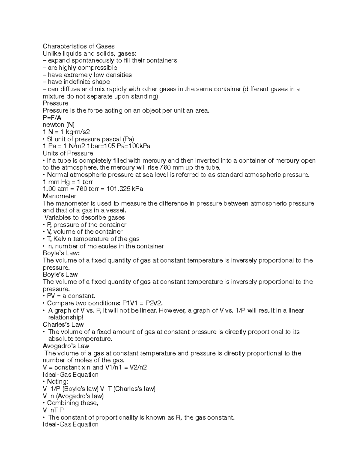 Chem 22 Notes Characteristics of Gases Unlike liquids and solids