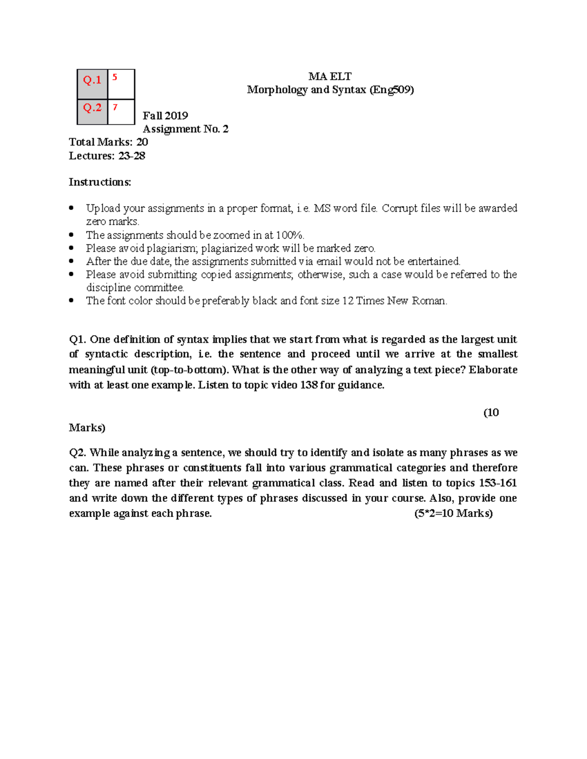 Mrk FALL 2019 ENG509 2 MC190202597 - MA ELT Morphology and Syntax ...