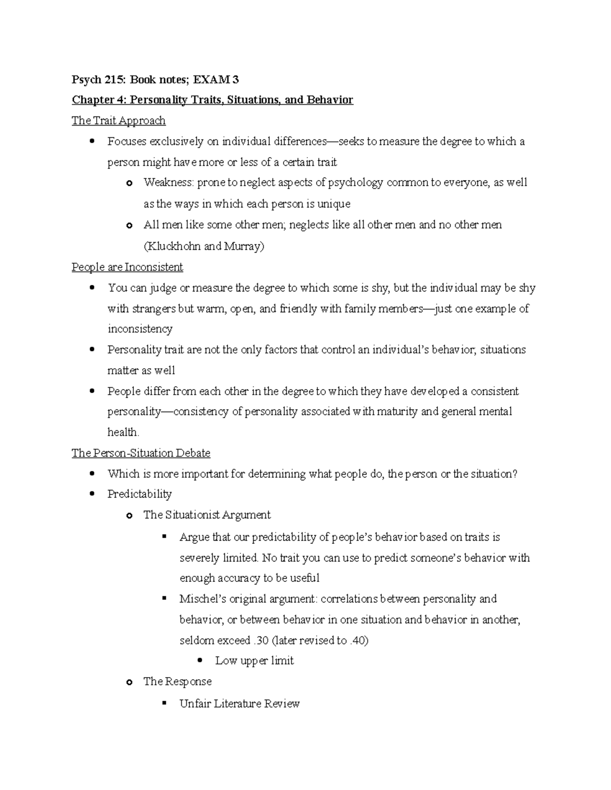 Psych 215 Book Notes EXAM 3 - Psych 215: Book notes; EXAM 3 Chapter 4 ...