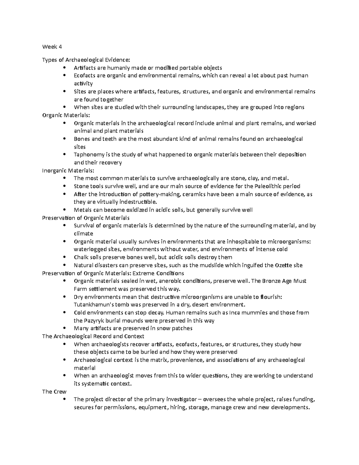 Intro Arch Week 4 - Week 4 Notes - Week 4 Types Of Archaeological 