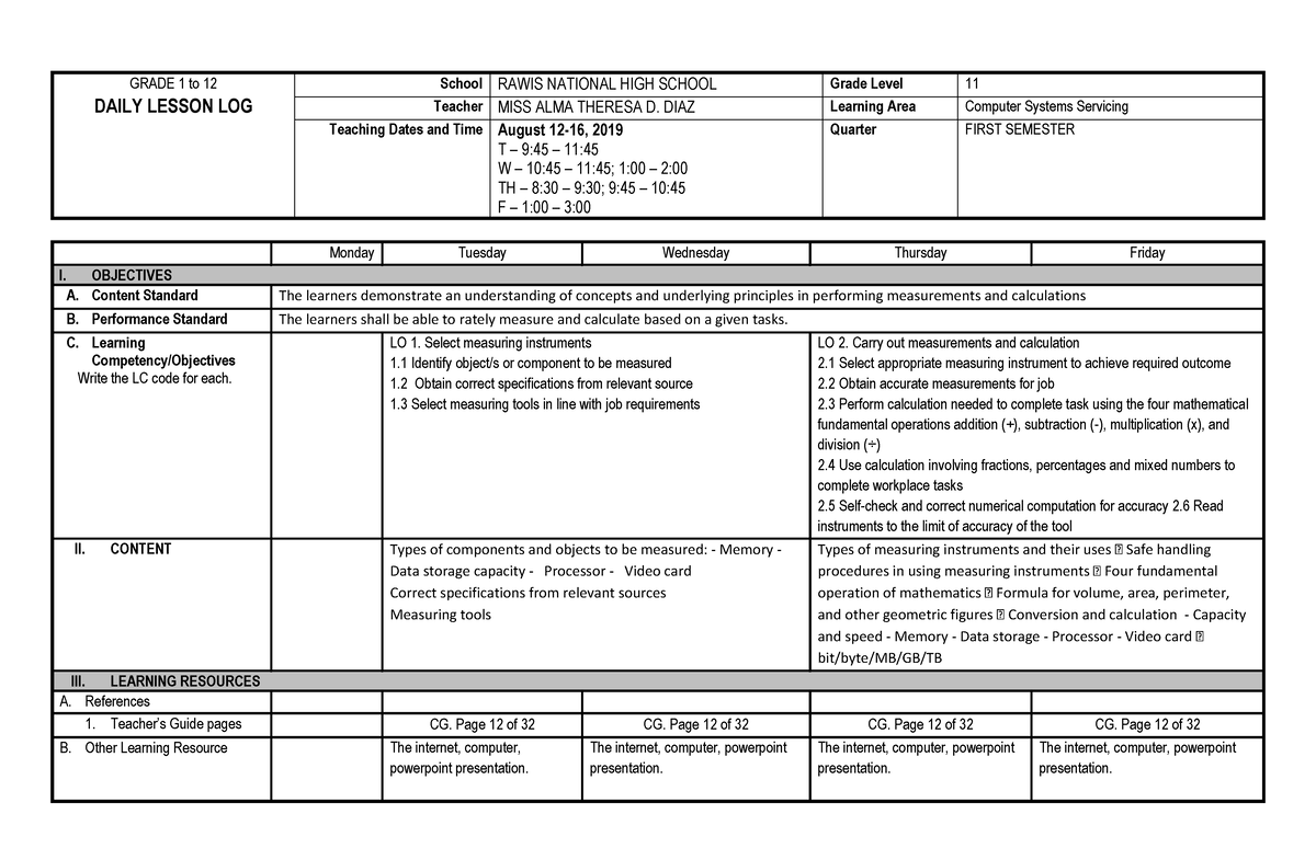 Pdfcoffee - Grade 11 CSS Quarter 2 Week 1 Dll - GRADE 1 To 12 DAILY ...