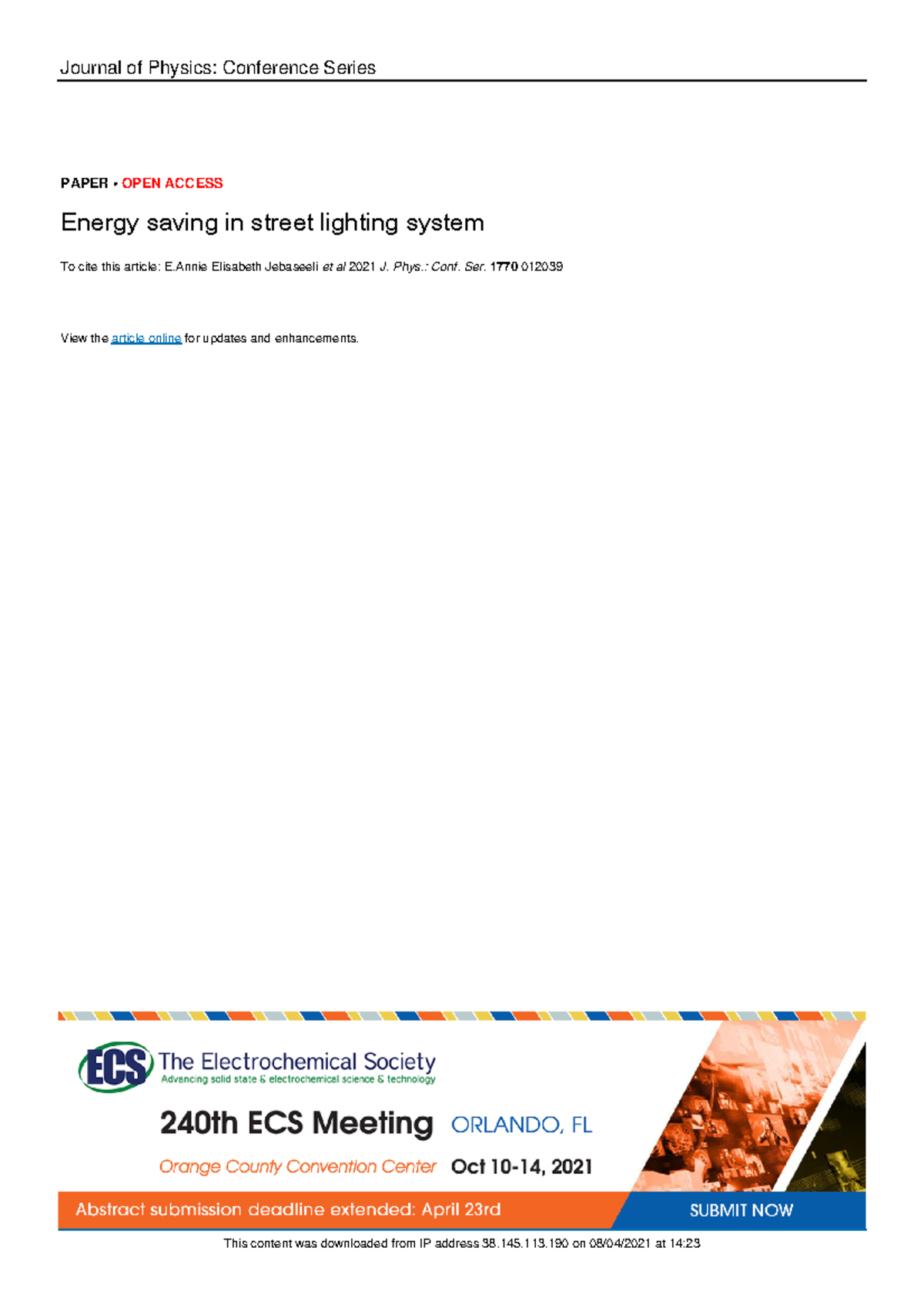 Energy saving in street lighting system - Journal of Physics ...