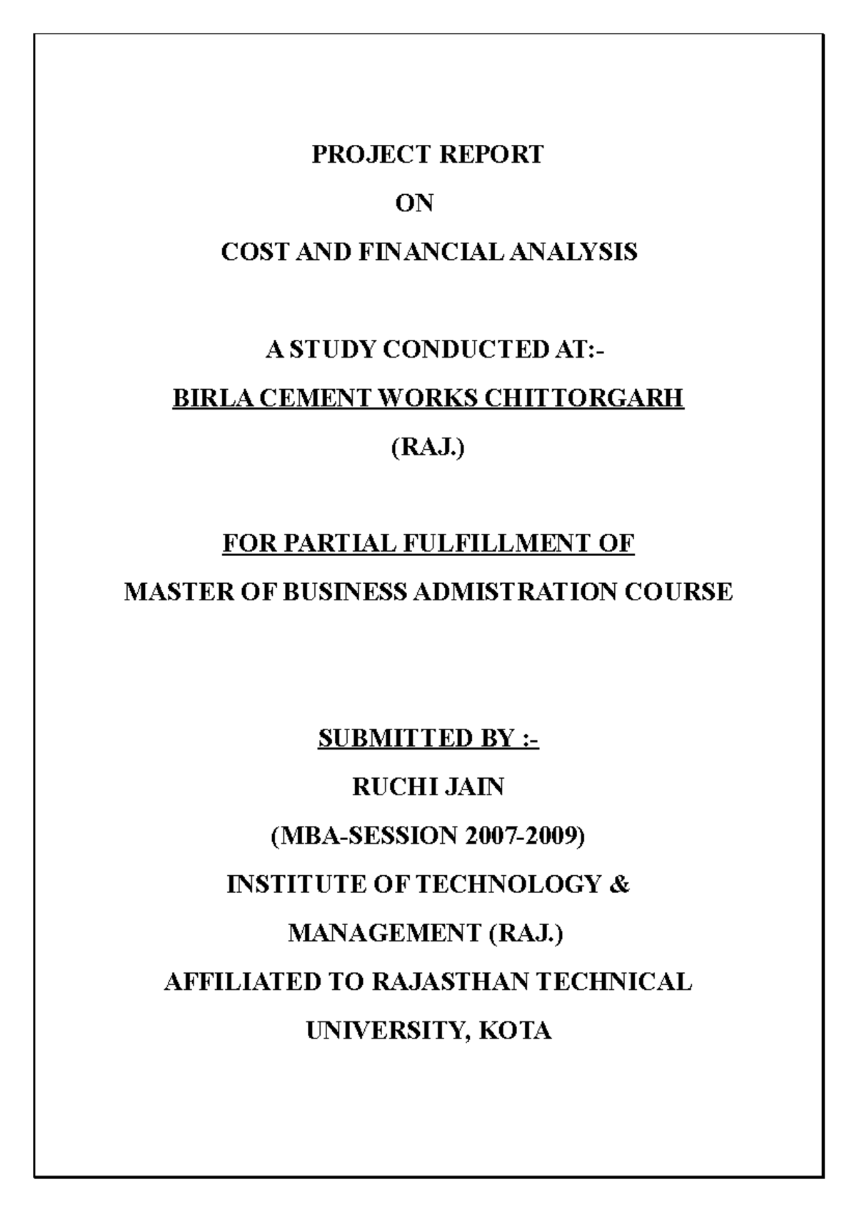 COST AND Financial Analysis - PROJECT REPORT ON COST AND FINANCIAL ...