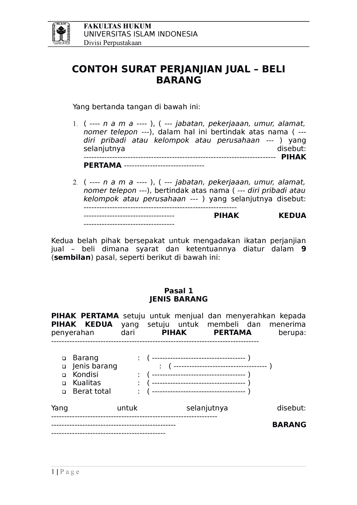 Contoh Surat Perjanjian Pengikat Jual Beli Barang FH UII - UNIVERSITAS ...