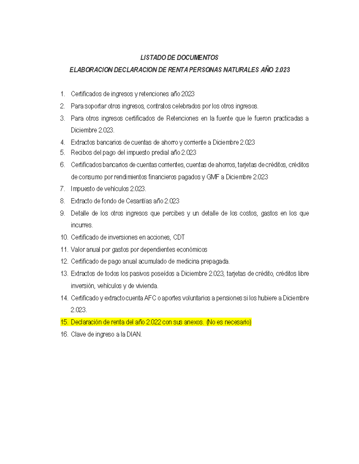 Listado de Documentos Renta 2023 - LISTADO DE DOCUMENTOS ELABORACION ...