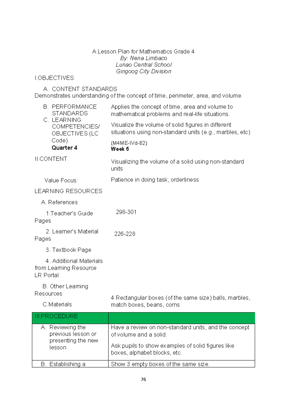 Dlp Math4 Q4 Week 5 Dlp A Lesson Plan For Mathematics Grade 4 By Nena Limbaco Lunao Central 7885