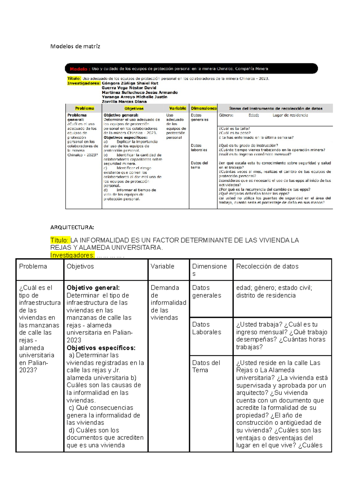 Modelos de matriz trabajo 2023 - Modelos de matriz ARQUITECTURA: Título ...