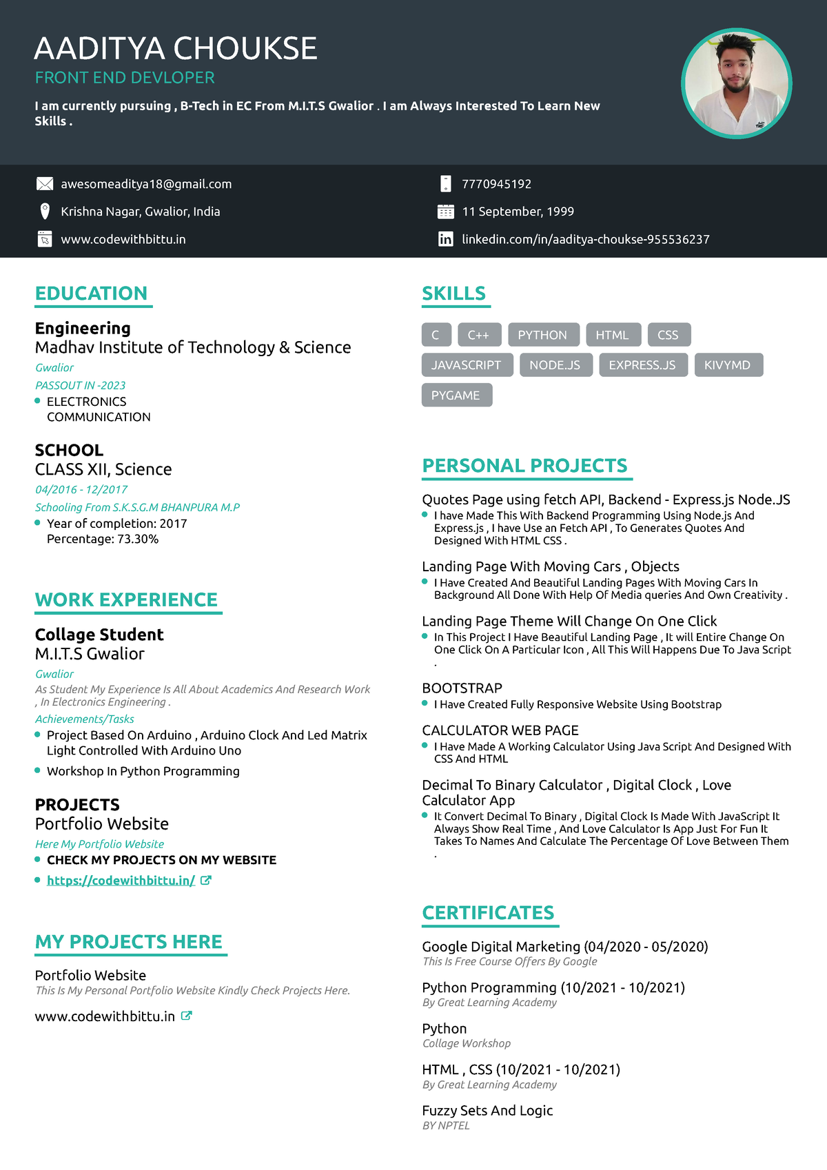 Aaditya Resume - gbhcgf - AADITYA CHOUKSE FRONT END DEVLOPER I am ...