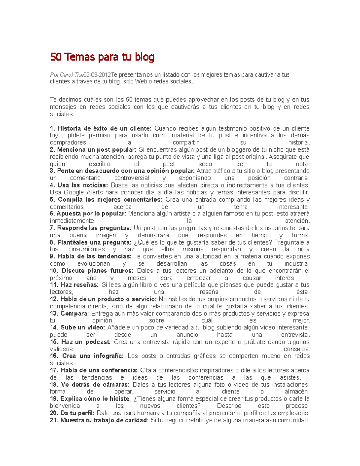 50 Temas para tu blog - 50 ideas de marketing para escribir un blog ...