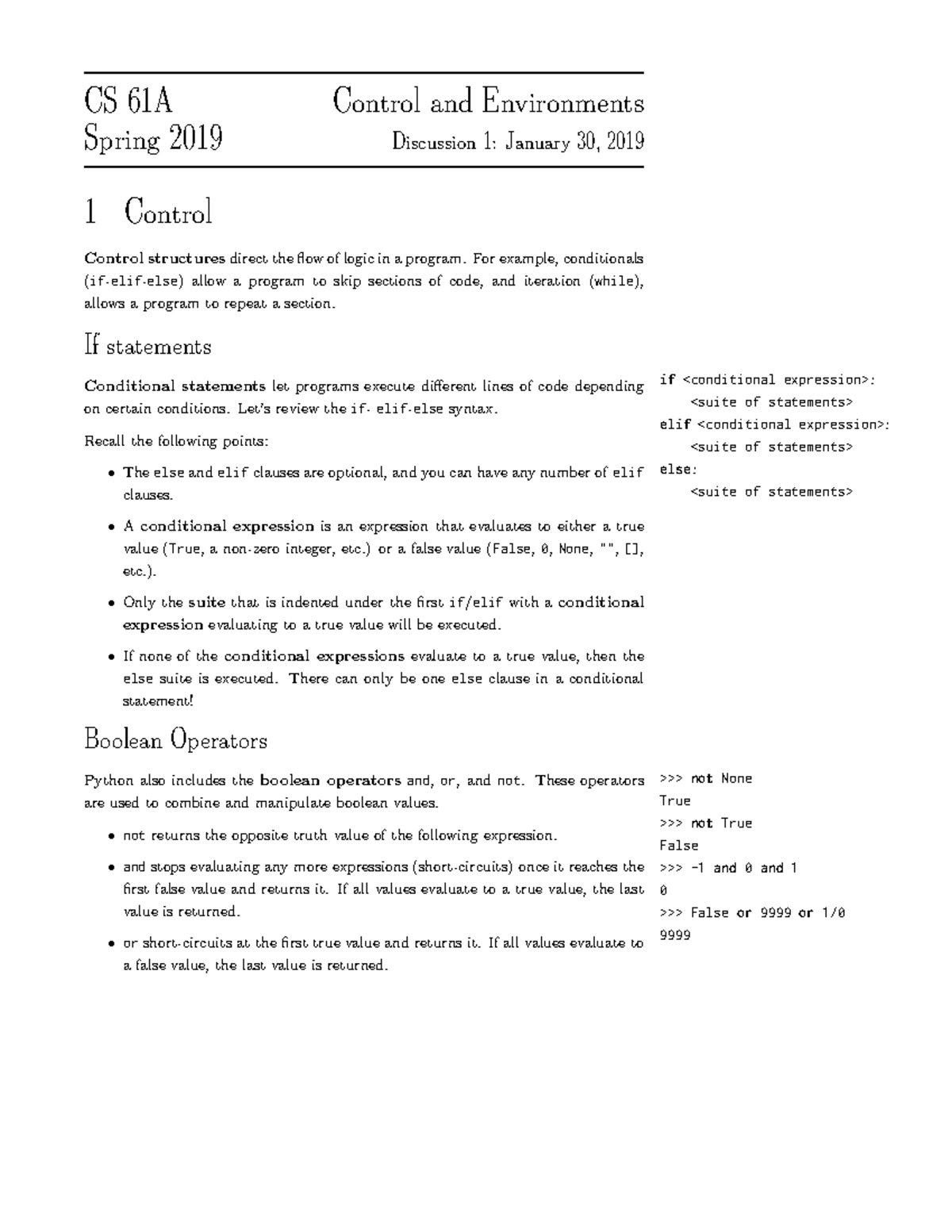 Disc01 notes detailed CS 61A Control and Environments Spring 2019