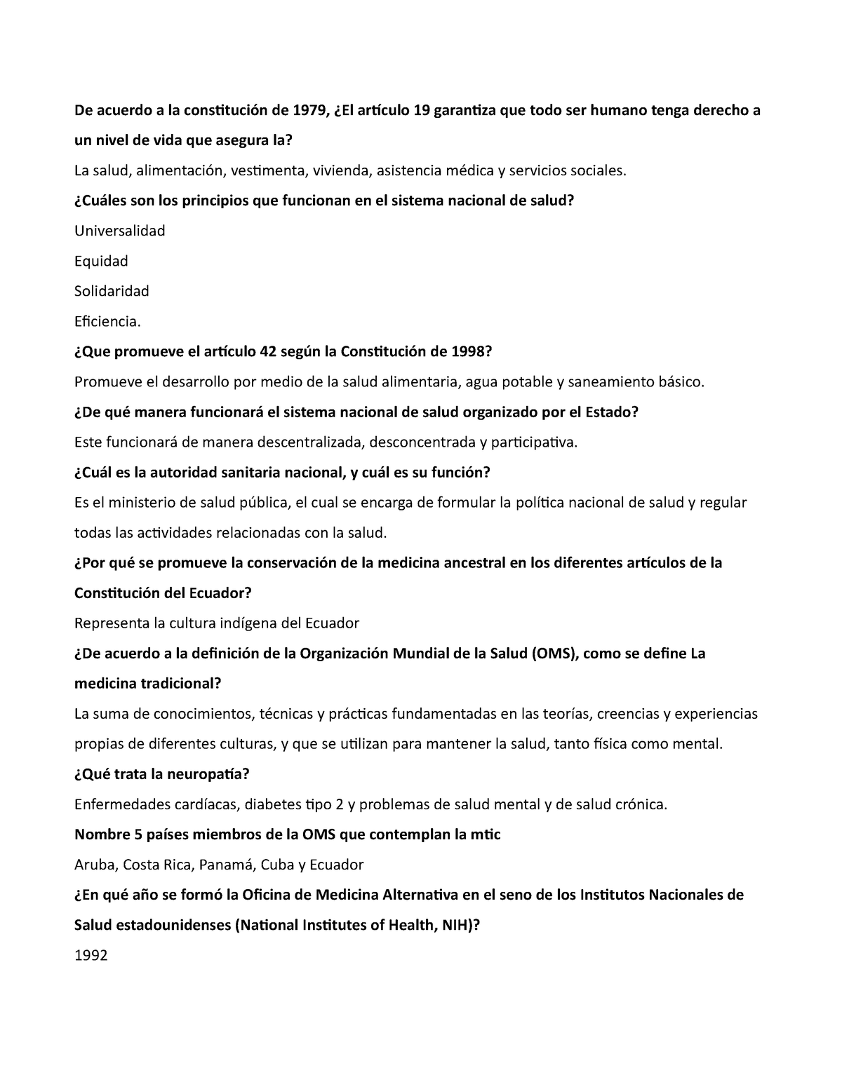 Jenny MTYA - Cuestionario - De Acuerdo A La Constitución De 1979, ¿El ...