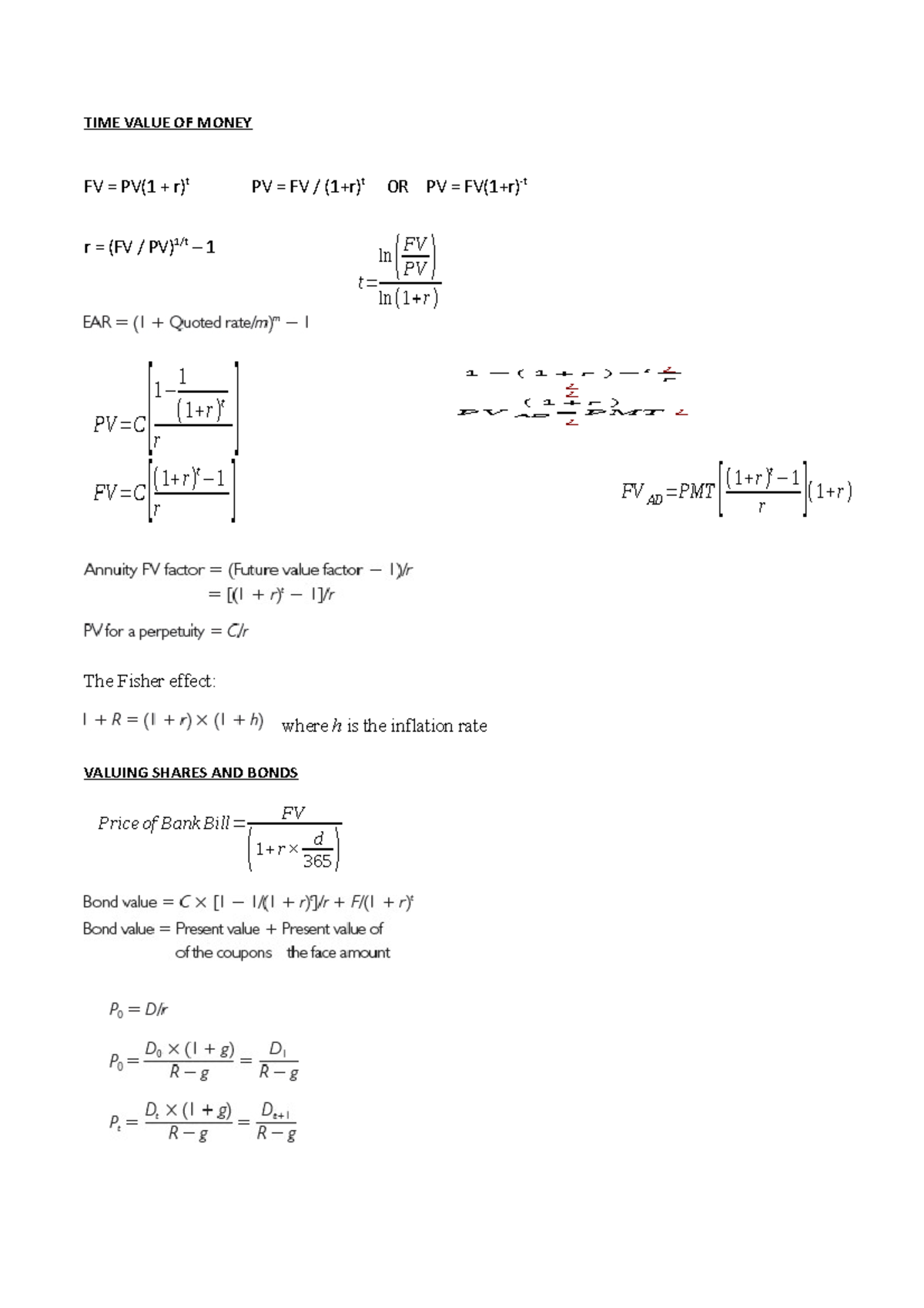 BX2014 Formula - TIME VALUE OF MONEY FV = PV(1 + r) t PV = FV / (1+r) t ...