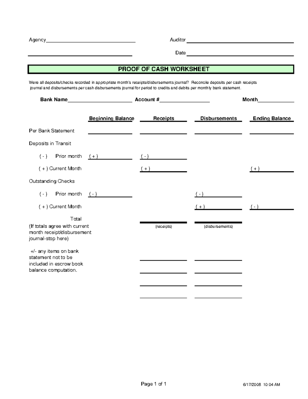 Proof of cash worksh 1 - noen - Agency ...