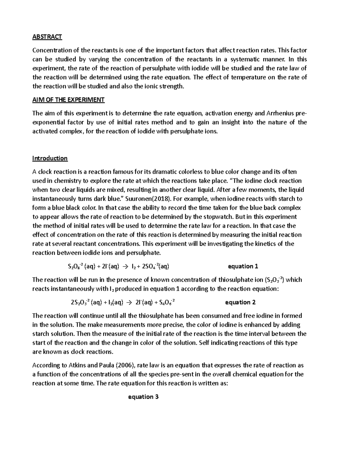 343 tiny exp 1 - LAB REPORT - ABSTRACT Concentration of the reactants ...