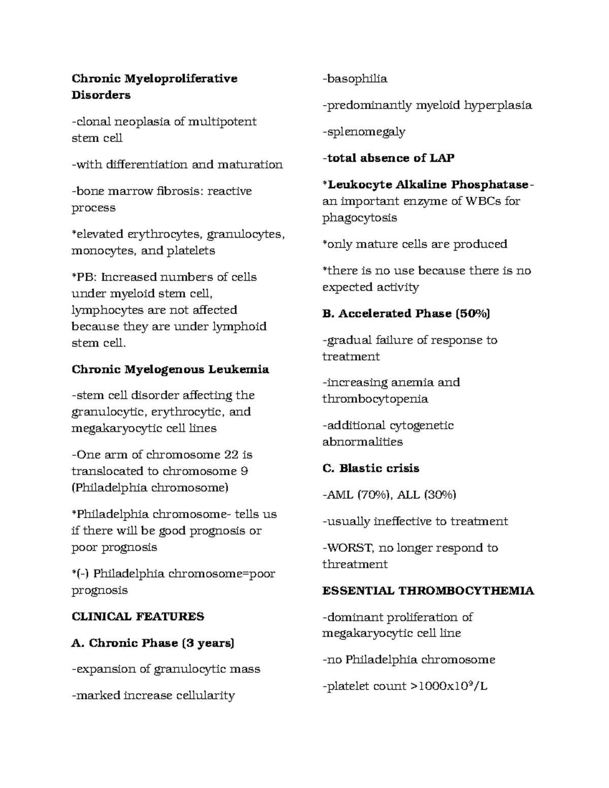 Hema 1 notes CML - Chronic Myeloproliferative Disorders neoplasia of ...