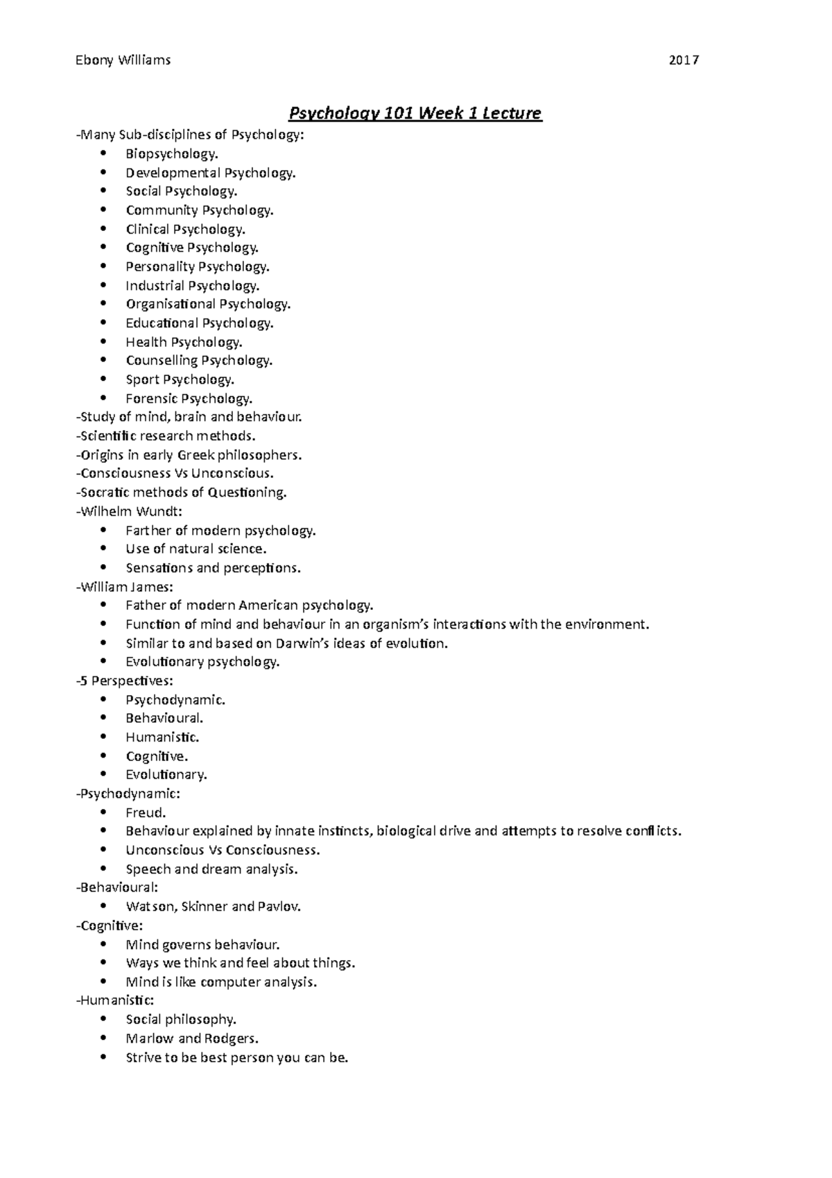 Psychology 101 Tutorial Notes - Psychology 101 Week 1 Lecture -Many Sub ...