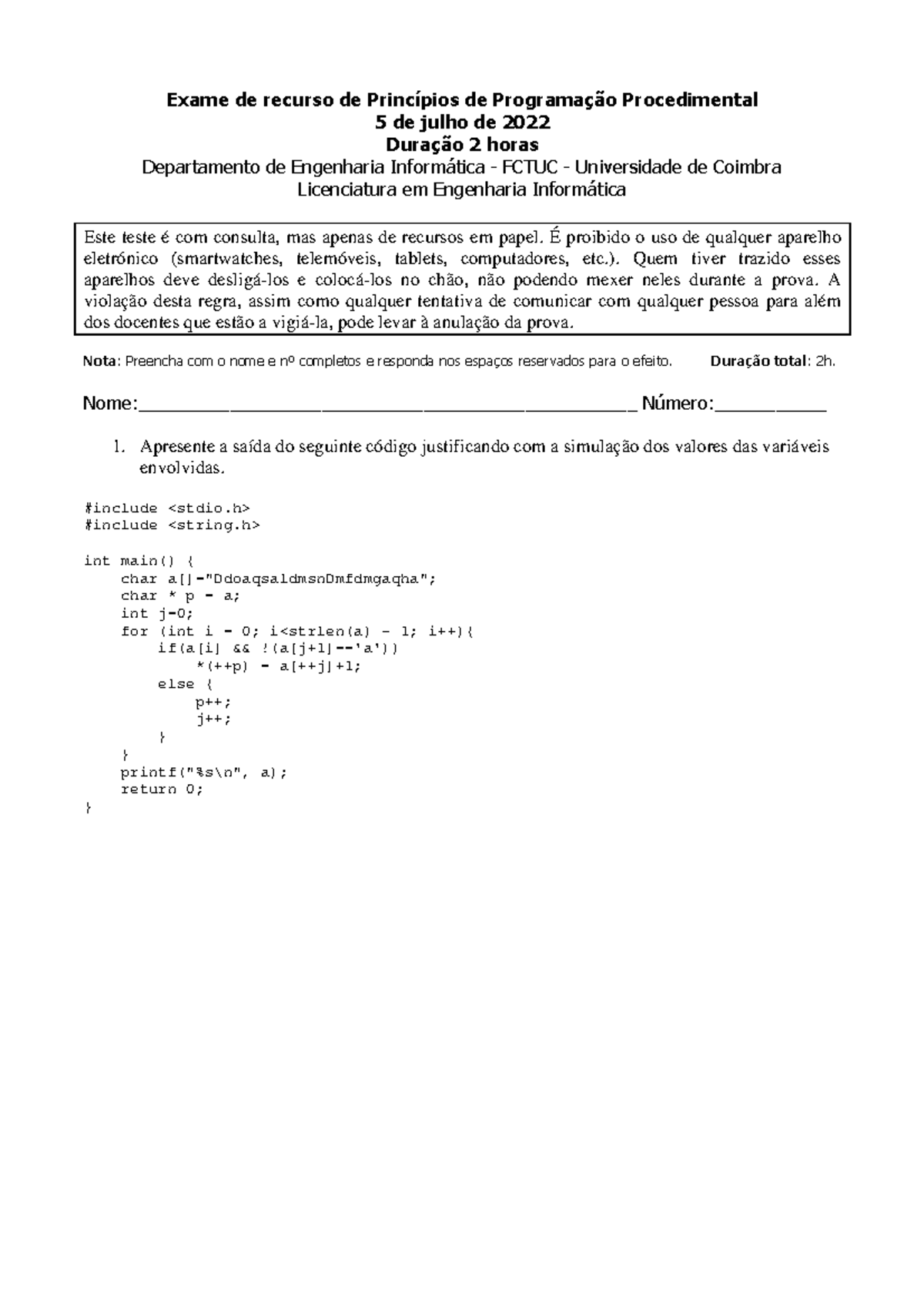 Exame Rec PPP 2021 22 - Exame de recurso de Princípios de Programação ...