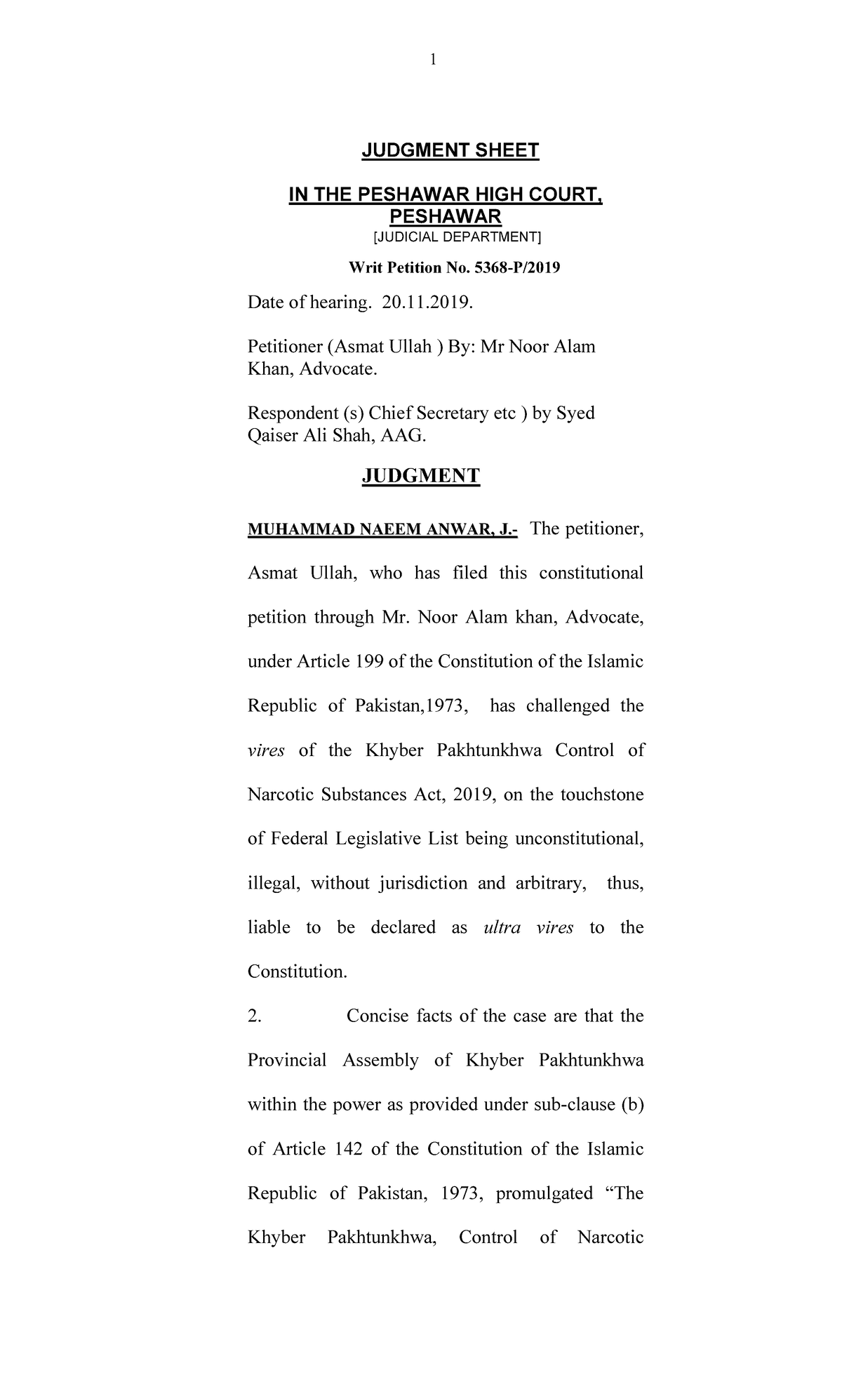 5368 P of 19 Asmat Ullah Vs Govt - JUDGMENT SHEET IN THE PESHAWAR HIGH ...