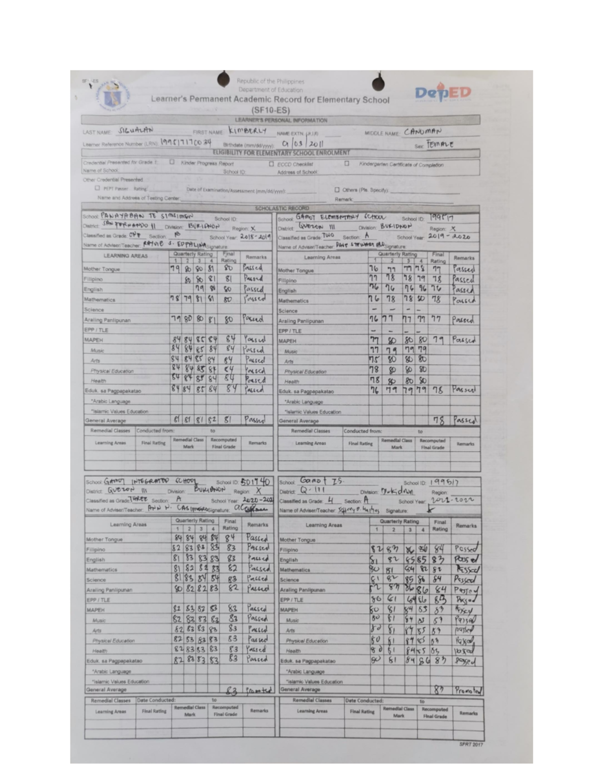 F. Sigualan Kimberly SF10 - Republic of the Philippines Department of ...