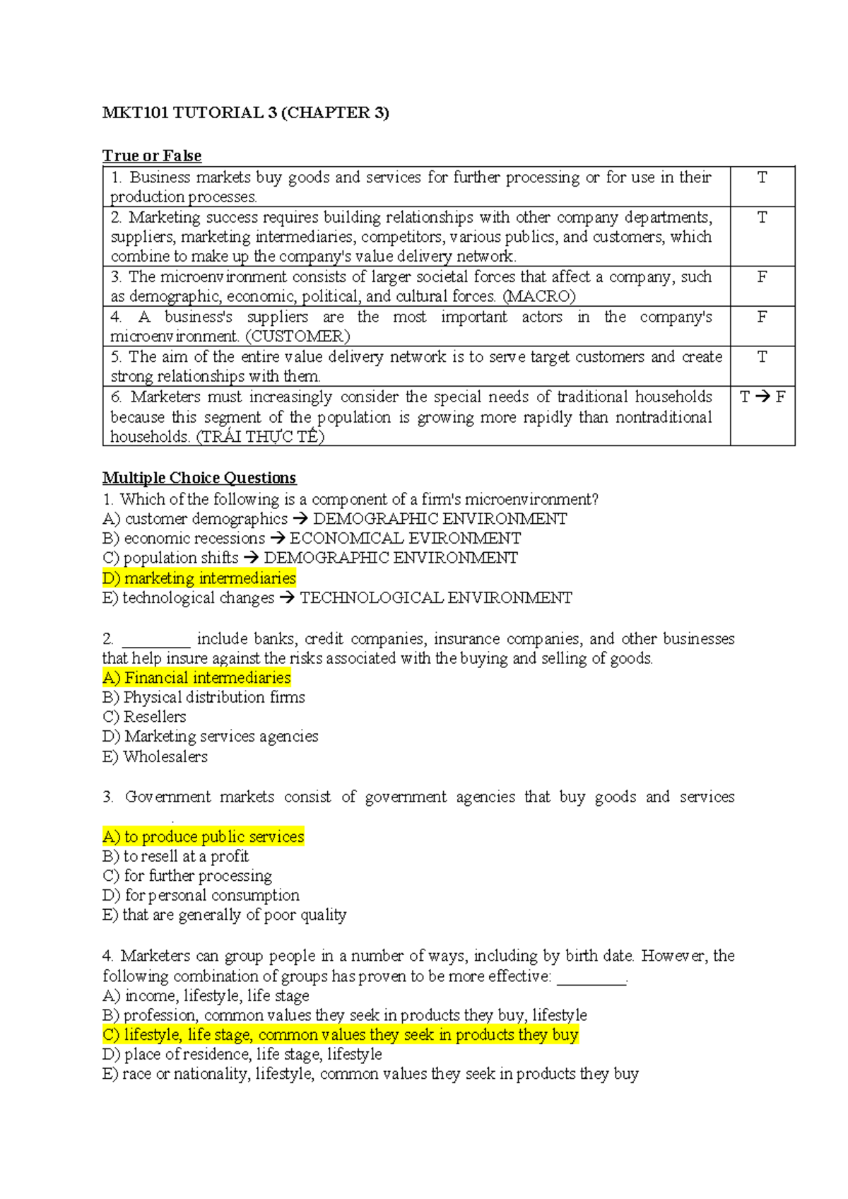 MKT101 Tutorial 3 - MKT101 TUTORIAL 3 (CHAPTER 3) True Or False 1 ...