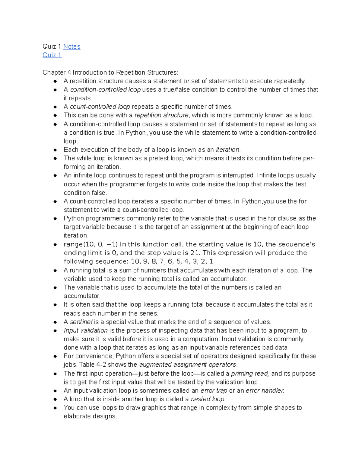 Python quiz 2 notes - Quiz 1 Notes Quiz 1 Chapter 4 Introduction to ...