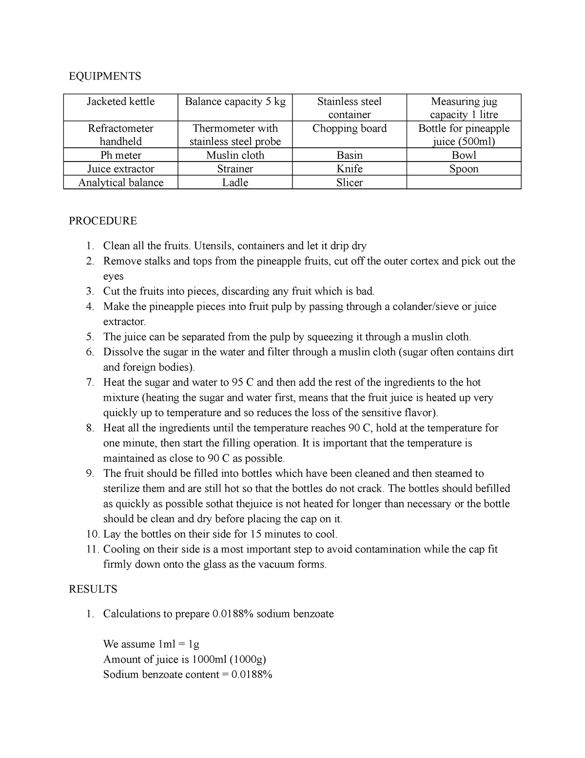 FST 305 lab report 1 - EQUIPMENTS Jacketed kettle Balance capacity 5 kg ...